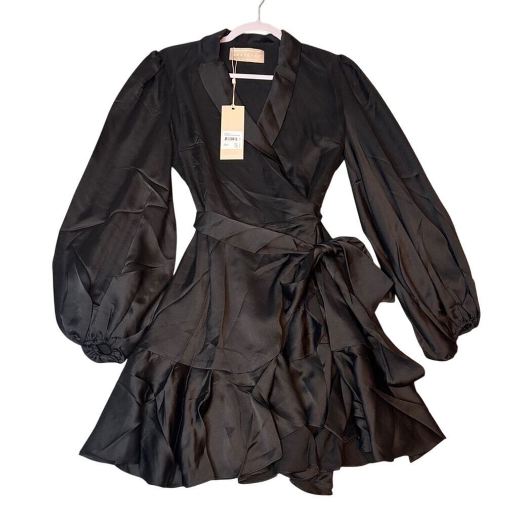 Keepsake Black Linen Balloon Sleeve Wrap Mini Dress M Cocktail Party NWT - Picture 3 of 6